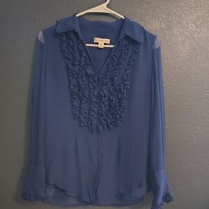 Coldwater Creek Deep Blue Silk Ruffle Blouse